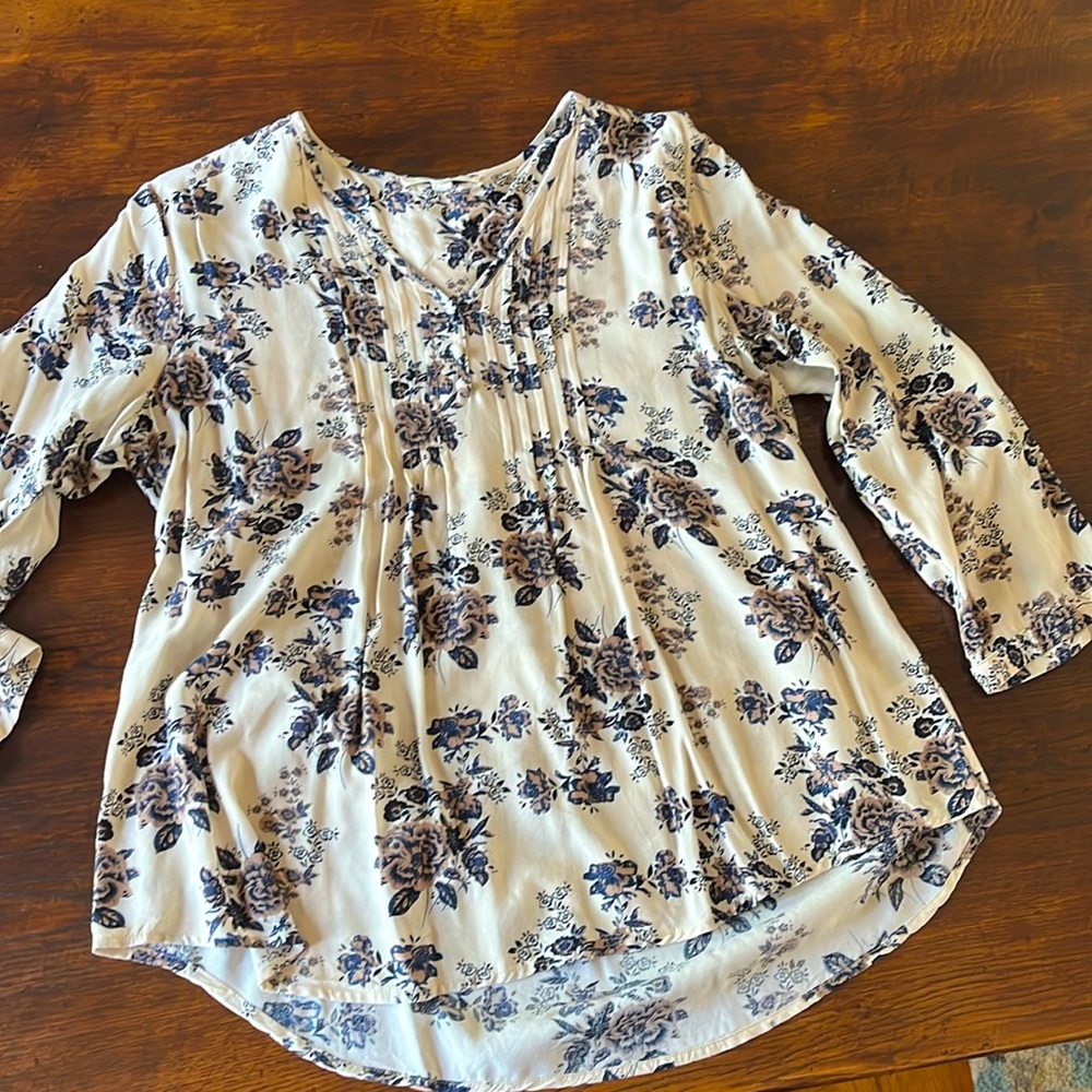 Soft 3/4 sleeve blouse, size M, beige with brown and black floral print